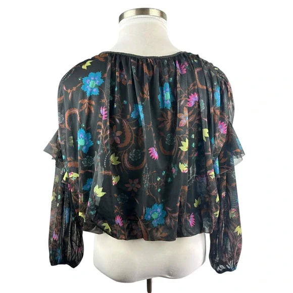 Free People Wildflower Honey Printed Blouse Black Multi Mesh Crop Top Small - Picture 7 of 15
